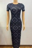 Black Casual Print Patchwork O Neck Long Dresses