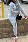 Grey Casual Solid Color Pocket Patchwork Zipper Zipper Collar Long Sleeve Two Pieces