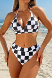 Black And White Sexy Plaid Patchwork Backless Swimwears