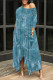 Medium Blue Casual Street Faux Denim Print Pocket Irregular Contrast Oblique Collar Irregular Dresses