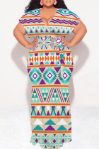 Light Khaki Casual National Totem Print Lace Up Contrast V Neck Printed Plus Size Dresses