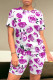 Rose Red Casual Street Floral Print Stripe Contrast O Neck Short Sleeve Two Pieces