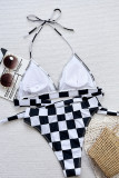Black And White Sexy Plaid Patchwork Backless Swimwears