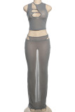Grey Elegant Solid Color Hollow Out Patchwork O Neck Three Pieces