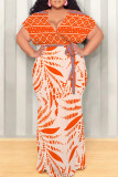 Khaki Sexy Geometric Print Gradient Lace Up Contrast V Neck Printed Plus Size Dresses