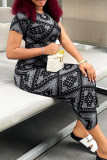 Black Casual Print Patchwork O Neck Long Dresses