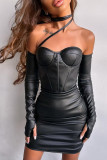 Black Sexy Solid Color Patchwork Backless Ruched Strapless Wrapped Skirt Dresses