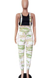 Black Casual Camouflage Print Draw String Pocket Patchwork Spaghetti Strap Jumpsuits