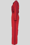 Red Casual Patchwork Zipper Contrast Zipper Collar Long Sleeve Two Pieces