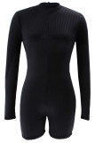 Black Casual Solid Color Patchwork Zipper Zipper Collar Skinny Rompers