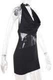 Black Sexy Solid Color Patchwork Backless Sequined Halter Wrapped Skirt Dresses