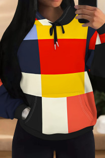 Multicolor Casual Print Pocket Patchwork Hooded Tops