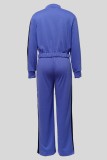Blue Casual Patchwork Contrast Zipper Collar Long Sleeve Two Pieces