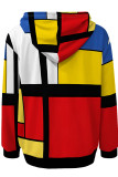 Red Green Casual Print Pocket Patchwork Hooded Tops