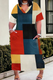 Blue Yellow Casual Print Pocket Patchwork V Neck Straight Plus Size Dresses