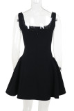 Black Elegant Solid Color Patchwork Pearls Decor Zipper Square Neck A Line Dresses
