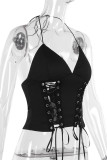 Black Sexy Solid Color Patchwork Backless Cross Straps Halter Tops