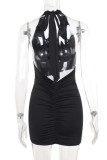 Black Sexy Solid Color Patchwork Backless Sequined Halter Wrapped Skirt Dresses