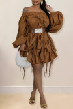 Brown Casual Solid Color Draw String Patchwork Backless Off Shoulder Irregular Dresses