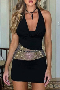 Black Sexy Solid Color Patchwork Backless Sequined Halter Wrapped Skirt Dresses