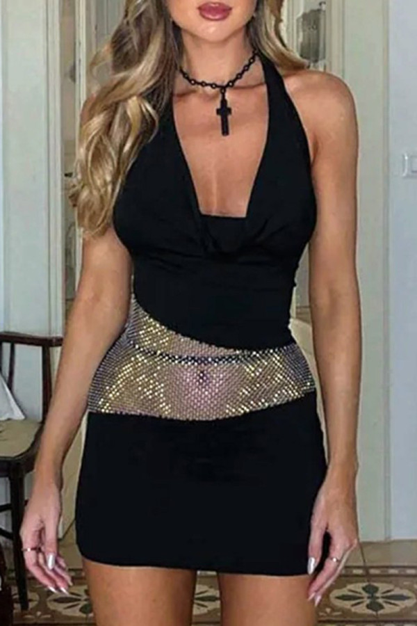 Black Sexy Solid Color Patchwork Backless Sequined Halter Wrapped Skirt Dresses