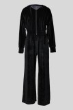 Black Casual Solid Color Zipper Hooded Long Sleeve Two Pieces