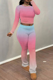 Burgundy Casual Gradient Patchwork O Neck Long Sleeve Two Pieces