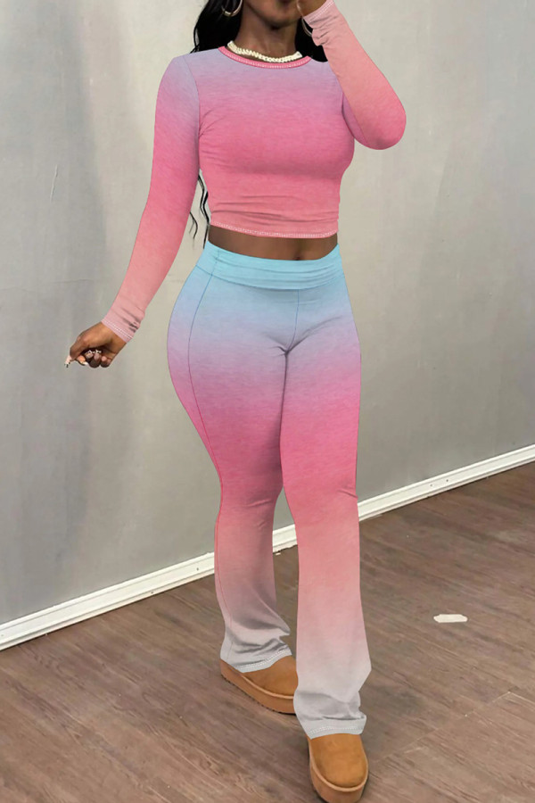 Powder Blue Casual Gradient Patchwork O Neck Long Sleeve Two Pieces