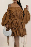 Brown Casual Solid Color Draw String Patchwork Backless Off Shoulder Irregular Dresses