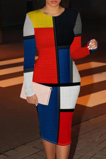 Yellow Red Casual Print Patchwork O Neck Wrapped Skirt Dresses