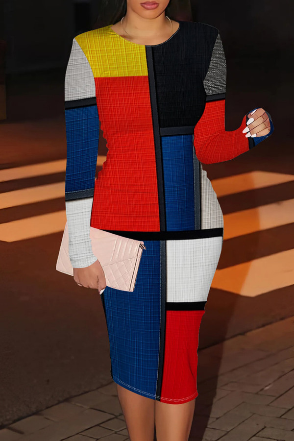 Yellow Red Casual Print Patchwork O Neck Wrapped Skirt Dresses