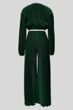 Ink Green Casual Solid Color Basic O Neck Long Sleeve Two Pieces
