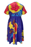 Colour Casual Print Patchwork Zipper O Neck A Line Plus Size Dresses