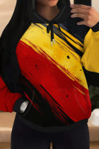 Red Yellow Casual Print Pocket Patchwork Hooded Tops