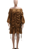 Brown Casual Solid Color Draw String Patchwork Backless Off Shoulder Irregular Dresses