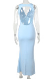 Light Blue Elegant Solid Color Patchwork Backless V Neck Long Dresses