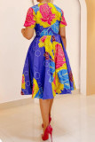 Colour Casual Print Patchwork Zipper O Neck A Line Plus Size Dresses