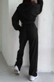 Black Casual Solid Color Zipper Hooded Long Sleeve Two Pieces
