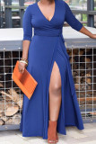 Blue Elegant Solid Color Patchwork Slit Strap Design V Neck Long Plus Size Dresses