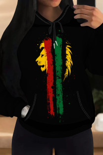 Black Casual Print Pocket Patchwork Hooded Tops