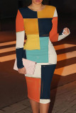 Blue Orange Casual Print Patchwork O Neck Wrapped Skirt Dresses