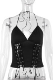 Black Sexy Solid Color Patchwork Backless Cross Straps Halter Tops