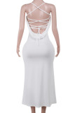 White Elegant Solid Color Lace Patchwork Backless Spaghetti Strap Sling Dresses