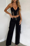 Black Sexy Solid Color Patchwork Backless Cross Straps Halter Tops