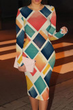 Blue Orange Casual Print Patchwork O Neck Wrapped Skirt Dresses