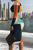 Blue Orange Casual Print Patchwork O Neck Wrapped Skirt Dresses