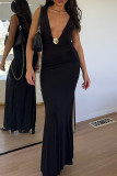 Black Sexy Solid Color Patchwork Flower Shape Deep V Neck Long Dresses