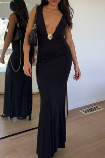 Black Sexy Solid Color Patchwork Flower Shape Deep V Neck Long Dresses