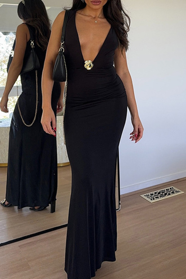 Black Sexy Solid Color Patchwork Flower Shape Deep V Neck Long Dresses