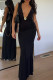 Black Sexy Solid Color Patchwork Flower Shape Deep V Neck Long Dresses